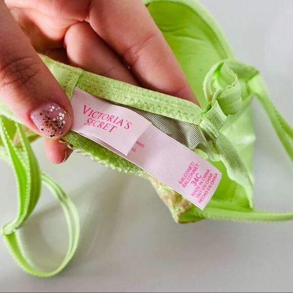 NEW VS VICTORIAS SECRET Lime Green Beige Tan Lace Bow Crystal Balconet Bra 34C - Picture 7 of 10